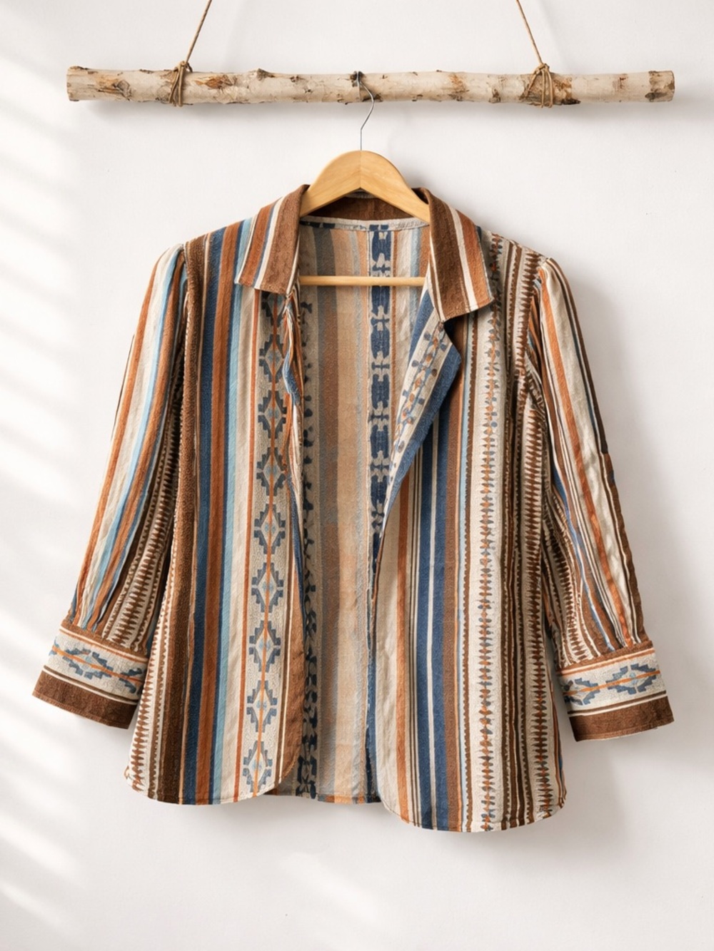 PTP18 Artisan Handmade Striped Western Boho Open Front Jacket Puff Sleeve Size M